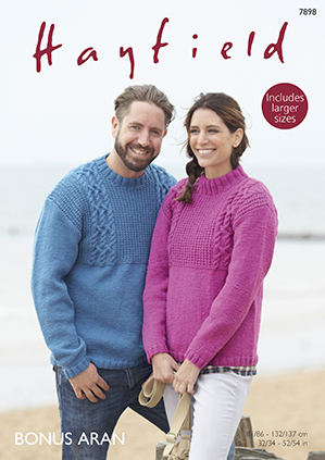 Hayfield 7898 Knitted Sweaters in Hayfield Bonus Aran (#4) weight yarn. For adults from 32"/34" to 52"/54".